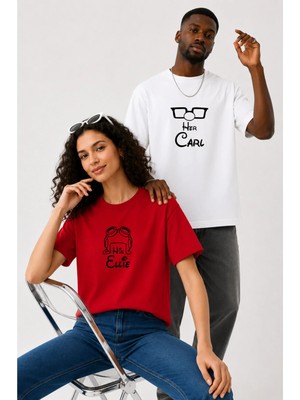 Lorvex Çift Kombin Erkek-Kadın Oversize T-Shirt %100 Pamuk Baskılı Rahat Kalıp Sevgili Tişörtü 2'li