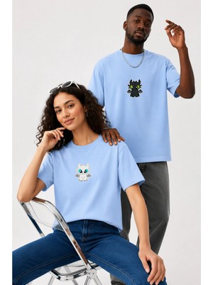 Lorvex Çift Kombin Erkek-Kadın Oversize T-Shirt %100 Pamuk Baskılı Rahat Kalıp Sevgili Tişörtü 2'li