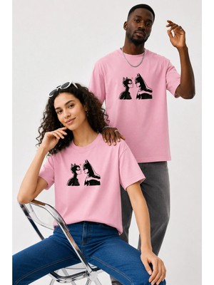 Lorvex Çift Kombin Erkek-Kadın Oversize T-Shirt %100 Pamuk Baskılı Rahat Kalıp Sevgili Tişörtü 2'li