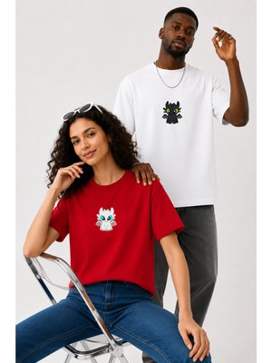 Lorvex Çift Kombin Erkek-Kadın Oversize T-Shirt %100 Pamuk Baskılı Rahat Kalıp Sevgili Tişörtü 2'li