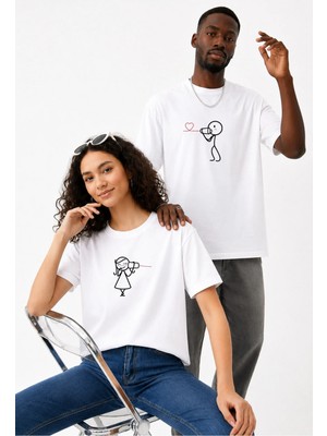 Lorvex Çift Kombin Erkek-Kadın Oversize T-Shirt %100 Pamuk Baskılı Rahat Kalıp Sevgili Tişörtü 2'li