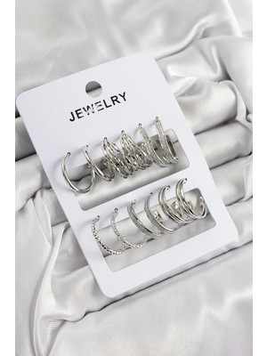 Colezium Pirinç Karışık Halka Model Gümüş Renk 6 Çift Kadın Küpe Set