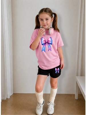 Lorvex Çocuk Şortlu Takım Kız (Şort-T-Shirt) Baskılı Yazlık Spor Kombin Rahat Kalıp Takım