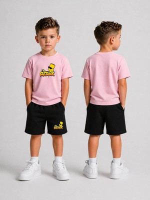 Lorvex Çocuk Şortlu Takım Erkek (Şort-T-Shirt) Baskılı Yazlık Spor Kombin Rahat Kalıp Takım