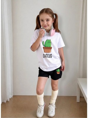 Lorvex Çocuk Şortlu Takım Kız (Şort-T-Shirt) Baskılı Yazlık Spor Kombin Rahat Kalıp Takım