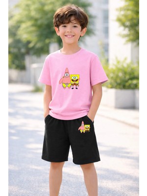 Lorvex Erkek-Kız Çocuk Tişört Şort Takım %100 Pamuk Yazlık Rahat Kalıp Baskılı T-Shirt Çocuk Kombin