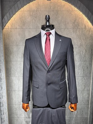 Dupont Classics Dupont Erkek Çizgili Ikili Takım Elbise - Viskon Slim Fit Mono Yaka 6 Drop