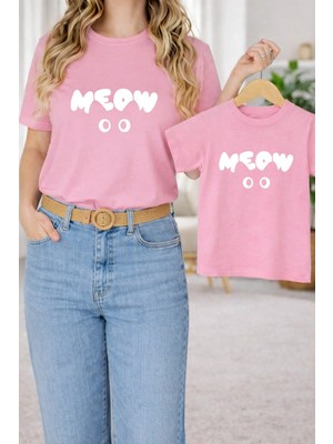 Lorvex Tişört Unısex Çocuk Anne Kombin Oversize – Anne & Çocuk Twin T-Shirt White Meow Baskı