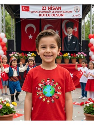 Lorvex 23 Nisan Dünya Çocukları Baskılı Pamuklu Unisex Çocuk-Yetişkin Tshirt Tişört