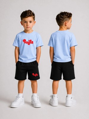 Lorvex Çocuk Şortlu Takım Erkek (Şort-T-Shirt) Baskılı Yazlık Spor Kombin Rahat Kalıp Takım