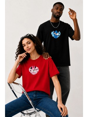 Lorvex Çift Kombin Erkek-Kadın Oversize T-Shirt %100 Pamuk Baskılı Rahat Kalıp Sevgili Tişörtü 2'li