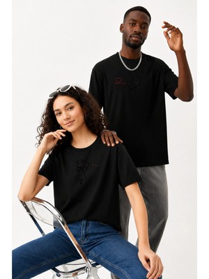 Lorvex Çift Kombin Erkek-Kadın Oversize T-Shirt %100 Pamuk Baskılı Rahat Kalıp Sevgili Tişörtü 2'li