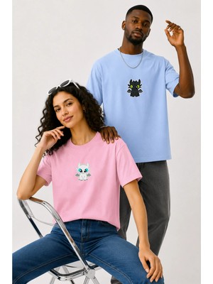 Lorvex Çift Kombin Erkek-Kadın Oversize T-Shirt %100 Pamuk Baskılı Rahat Kalıp Sevgili Tişörtü 2'li