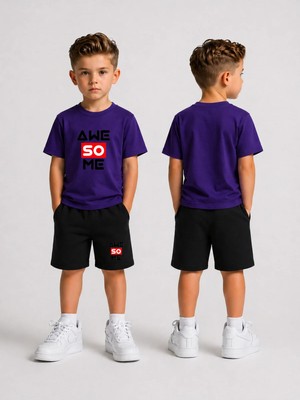 Lorvex Çocuk Şortlu Takım Erkek (Şort-T-Shirt) Baskılı Yazlık Spor Kombin Rahat Kalıp Takım