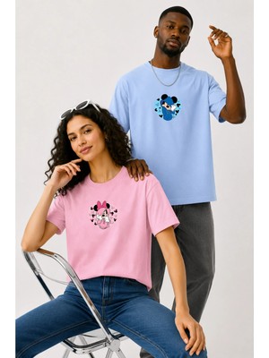 Lorvex Çift Kombin Erkek-Kadın Oversize T-Shirt %100 Pamuk Baskılı Rahat Kalıp Sevgili Tişörtü 2'li