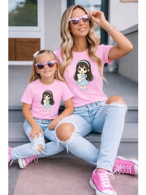 Lorvex Anne Kız Kombin Oversize Tişört %100 Pamuk Baskılı Rahat Kalıp Twin T-Shirt