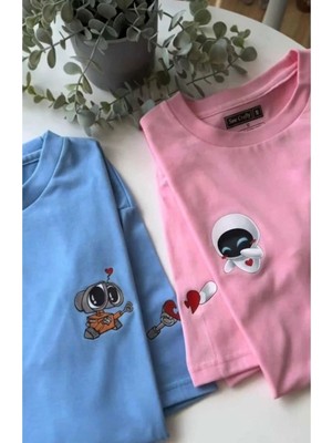 Lorvex Çift Kombin Kadın-Erkek Oversize T-Shirt %100 Pamuk Baskılı Rahat Kalıp Sevgili Tişörtü 2'li