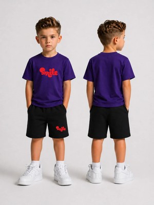 Lorvex Çocuk Şortlu Takım Erkek (Şort-T-Shirt) Baskılı Yazlık Spor Kombin Rahat Kalıp Takım