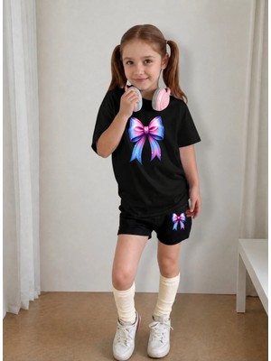 Lorvex Çocuk Şortlu Takım Kız (Şort-T-Shirt) Baskılı Yazlık Spor Kombin Rahat Kalıp Takım