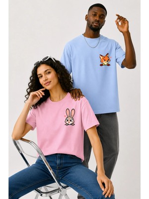 Lorvex Çift Kombin Erkek-Kadın Oversize T-Shirt %100 Pamuk Baskılı Rahat Kalıp Sevgili Tişörtü 2'li