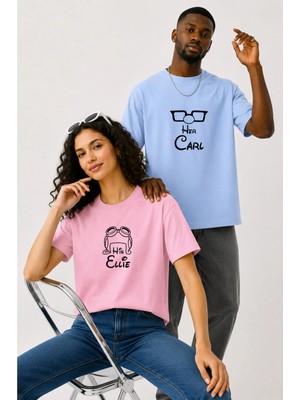 Lorvex Çift Kombin Erkek-Kadın Oversize T-Shirt %100 Pamuk Baskılı Rahat Kalıp Sevgili Tişörtü 2'li