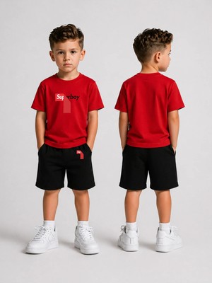 Lorvex Çocuk Şortlu Takım Erkek (Şort-T-Shirt) Baskılı Yazlık Spor Kombin Rahat Kalıp Takım