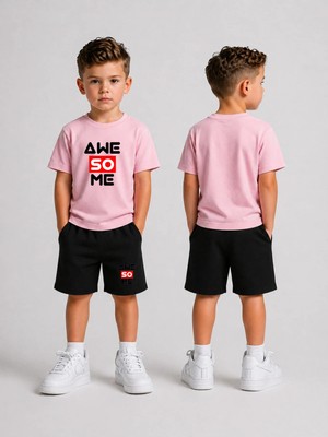 Lorvex Çocuk Şortlu Takım Erkek (Şort-T-Shirt) Baskılı Yazlık Spor Kombin Rahat Kalıp Takım