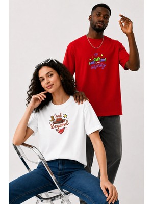 Lorvex Çift Kombin Erkek-Kadın Oversize T-Shirt %100 Pamuk Baskılı Rahat Kalıp Sevgili Tişörtü 2'li