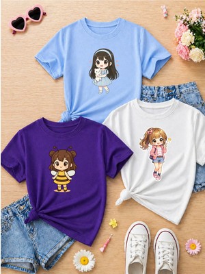Lorvex Şirin Kızlar Baskılı Oversize %100 Pamuklu Renkli Çocuk Yetişkin T-Shirt (3'lü)