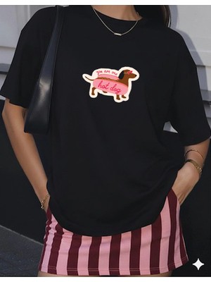 Lorvex Hot Dog Köpek Ön Baskılı Oversize Pamuklu Kadın Tshirt-Tişört