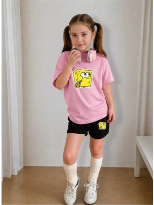 Lorvex Çocuk Şortlu Takım Kız (Şort-T-Shirt) Baskılı Yazlık Spor Kombin Rahat Kalıp Takım