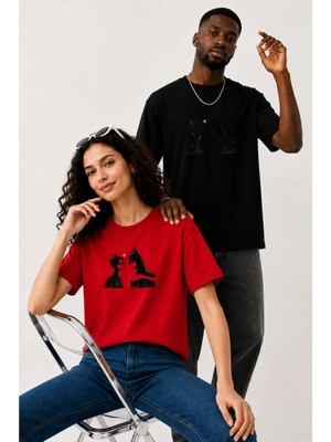 Lorvex Çift Kombin Erkek-Kadın Oversize T-Shirt %100 Pamuk Baskılı Rahat Kalıp Sevgili Tişörtü 2'li