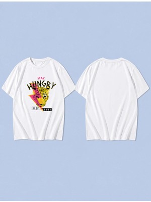Lorvex Hungry Stay Baskılı %100 Pamuk Oversize Unisex Tişört Rahat Kesim T-Shirt