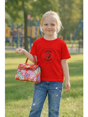 Lorvex Çocuk T-Shirt 23 Nisan Egemenlik ve Çocuk Bayramı Tişört Unisex %100 Pamuk Baskılı Rahat Kalıp