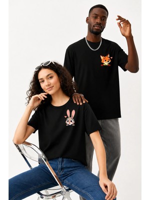 Lorvex Çift Kombin Erkek-Kadın Oversize T-Shirt %100 Pamuk Baskılı Rahat Kalıp Sevgili Tişörtü 2'li