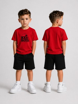 Lorvex Çocuk Şortlu Takım Erkek (Şort-T-Shirt) Baskılı Yazlık Spor Kombin Rahat Kalıp Takım