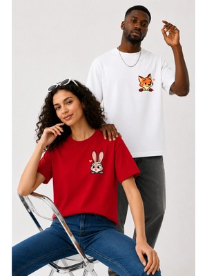 Lorvex Çift Kombin Erkek-Kadın Oversize T-Shirt %100 Pamuk Baskılı Rahat Kalıp Sevgili Tişörtü 2'li