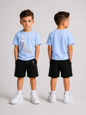 Lorvex Çocuk Şortlu Takım Erkek (Şort-T-Shirt) Baskılı Yazlık Spor Kombin Rahat Kalıp Takım