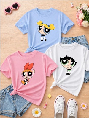 Lorvex Süper Güçlü Kızlar Baskılı Oversize %100 Pamuklu Renkli Çocuk Yetişkin T-Shirt (3'lü)