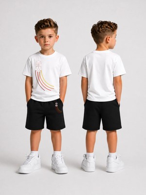 Lorvex Çocuk Şortlu Takım Erkek (Şort-T-Shirt) Baskılı Yazlık Spor Kombin Rahat Kalıp Takım