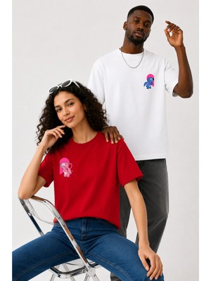Lorvex Çift Kombin Erkek-Kadın Oversize T-Shirt %100 Pamuk Baskılı Rahat Kalıp Sevgili Tişörtü 2'li
