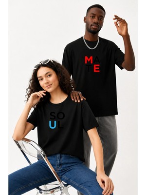 Lorvex Çift Kombin Erkek-Kadın Oversize T-Shirt %100 Pamuk Baskılı Rahat Kalıp Sevgili Tişörtü 2'li