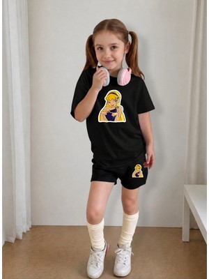 Lorvex Çocuk Şortlu Takım Kız (Şort-T-Shirt) Baskılı Yazlık Spor Kombin Rahat Kalıp Takım