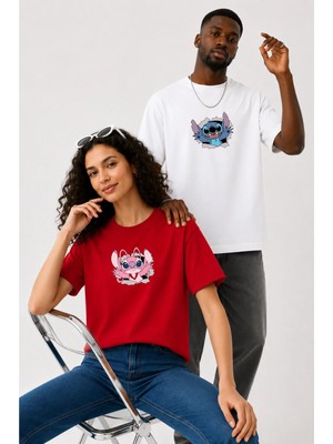 Lorvex Çift Kombin Erkek-Kadın Oversize T-Shirt %100 Pamuk Baskılı Rahat Kalıp Sevgili Tişörtü 2'li