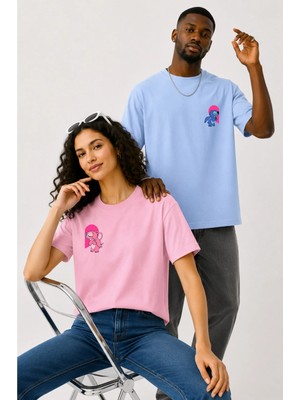 Lorvex Çift Kombin Erkek-Kadın Oversize T-Shirt %100 Pamuk Baskılı Rahat Kalıp Sevgili Tişörtü 2'li