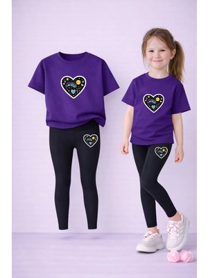 Lorvex Kız T-Shirt ve Esnek Tayt Seti Çocuk Takım %100 Pamuk Siyah Kalp Baskılı – Günlük Rahat Spor Kombin