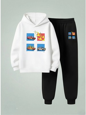 Lorvex Sweatshirt-Eşofman Takım Erkek Çocuk (Kapüşonlu) Alevli Araba Baskılı 3 Iplik Şardonlu