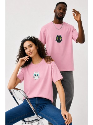 Lorvex Çift Kombin Erkek-Kadın Oversize T-Shirt %100 Pamuk Baskılı Rahat Kalıp Sevgili Tişörtü 2'li