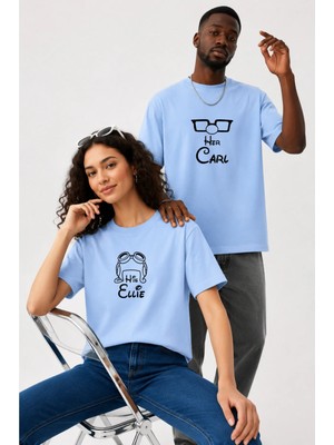 Lorvex Çift Kombin Erkek-Kadın Oversize T-Shirt %100 Pamuk Baskılı Rahat Kalıp Sevgili Tişörtü 2'li