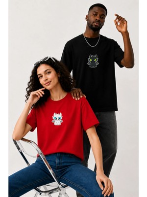 Lorvex Çift Kombin Erkek-Kadın Oversize T-Shirt %100 Pamuk Baskılı Rahat Kalıp Sevgili Tişörtü 2'li
